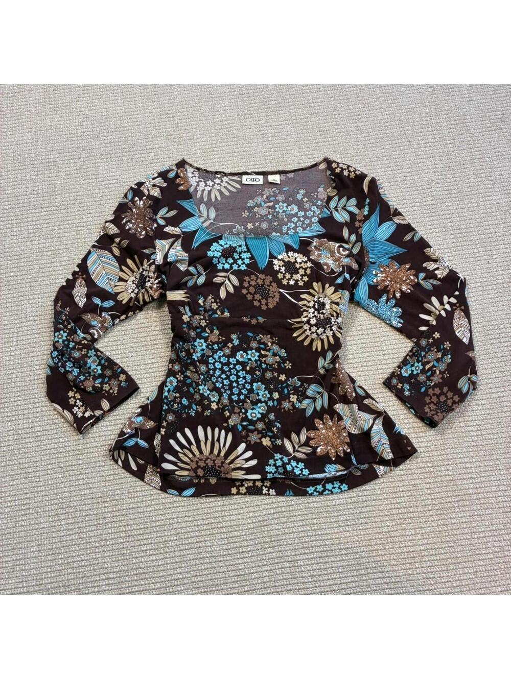 Cato brown and blue floral babydoll top! size large womens